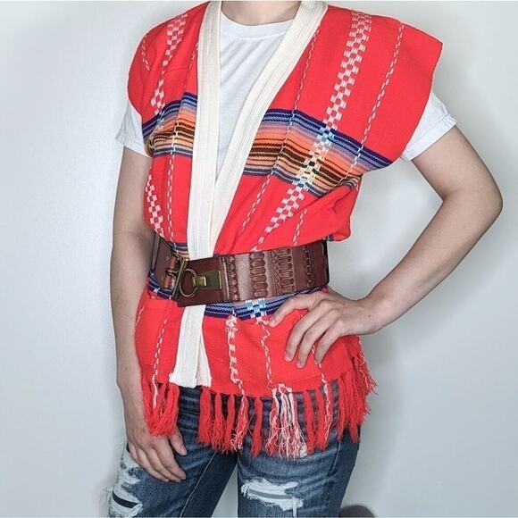Vintage Sweaters - Vintage red striped knit blanket sweater vest fringe size Medium